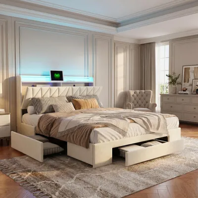 Obrázok produktu pre INONEFT manželská posteľ 160 x 200 cm, čalúnená posteľ s úložným priestorom, s LED osvetlením a USB portmi, posteľ pre dospelých s 3 zásuvkami, materiál: zamat, farba: béžová