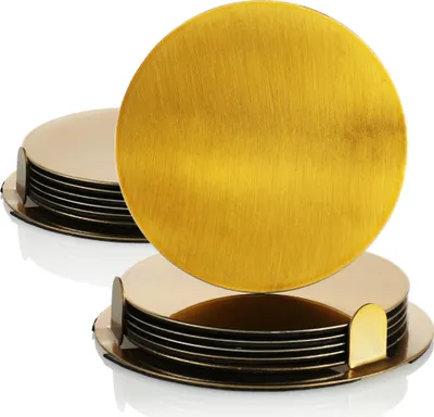 Produktbild von com-four® 14-teiliges Untersetzer-Set mit Halterung - Edelstahl Untersetzer für Getränke - runde Stahluntersetzer - goldfarben