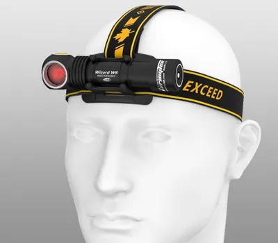 A mannequin head wearing a black and yellow headlamp.