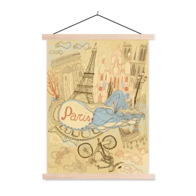 Produktbild von MuchoWow® Textilposter Paris - Frankreich - Zeichnung 60x80 cm mit holzfarbenen Rahmen - Wandbild
