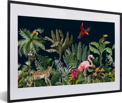 Produktbild von MuchoWow® MuchoWow® Gerahmtes Poster Dschungel - Pflanzen - Tiere - Kinder - Flamingo - Zebra 60x40 cm - Poster mit zchwarzem Bilderrahmen - Schlafzimmer - Plakat in Rahmen - Drucken
