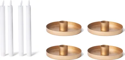 Produktbild von Novaliv 4x Kerzenhalter 6cm Metall Stabkerzen Tafelkerzen GOLD  mit LED-Kerzen Echtwachs Premium Stabkerzen flammenlos elektrisch Adventskranz Kerzenständer weihnachtliche Tischdekoration