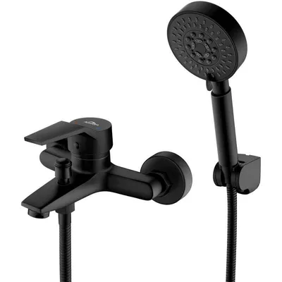 Produktbild von Wand-Wannenmischer mit 5 Funktionen Handbrause, Wannenarmatur aus schwarzem Messing für Badezimmer
