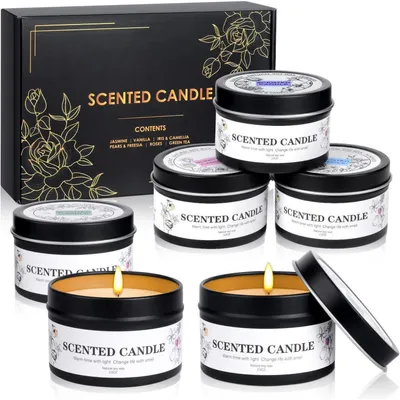 Image de Coffret cadeau de 6 bougies parfumées en verre, à la cire de soja, pour l'aromathérapie, idéal pour les femmes et les hommes