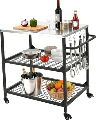 Image de SucceBuy Chariot barbecue d'extérieur 80 x 61 cm (dimensions du plateau), table barbecue mobile avec poignée latérale, 2 grilles de rangement et 4 roulettes, chariot de service pour pique-nique, cuisine et jardin