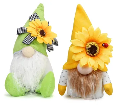 2 Plüsch-Frühlingszwerge mit Sonnenblume, 24x14x7 cm, grün/gelb