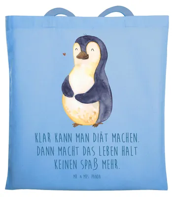 Produktbild von Mr. & Mrs. Panda Schultasche Pinguin Diät - Sky Blue - Geschenk, Jutebeutel, Baumwolltasche, Tote Bag, Pinguine, Bierbauch, Büchertasche, Abnehmen, Tasche