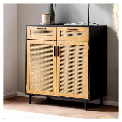 Produktbild von Sideboard 80x86,5x40 cm Kommode Schwarz mit Wiener Geflecht, Hoher Kommodenschrank Zeitlos, Standschrank Wohnzimmer mit 2 Türen und Schubladen