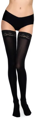 Produktbild von MARILYN blickdichte halterlose Damen Strümpfe mit 9 cm Spitze 100 Den Mikrofaser