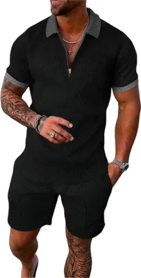 Image de ASKSA Hommes Survêtement d'été Polo Set T-shirts à manches courtes et shorts Tenue de loisirs, Noir&Gris, Taille : S