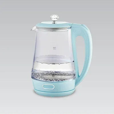 A light blue electric kettle filled with water, shown against a plain gray background.