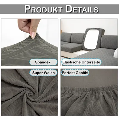 Produktbild von Sofa Überzug Jacquard Geometrisch Muster für Chaiselongue, Sofa Bezug Wasserdicht Gummiband rutschfest,Sitzkissen Bezug Elastisch Universal Dunkelgrau
