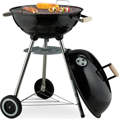 Produktbild von Relaxdays Kugelgrill, Ø 44 cm Grillrost, Outdoor BBQ, Holzkohlgrill m. Rädern & Standfuß, Auffangschale, Smoker, schwarz