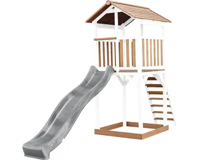Imagen del producto de AXI Beach Tower Torre de juegos de madera en marron y blanco | Casa de juegos para ninos con Tobogan gris y arenero | Casa zancudo para el jardin