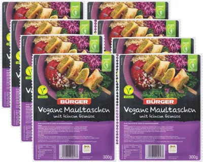 Produktbild von BÜRGER Vegane Maultaschen mit feinem Gemüse – Pflanzliche Teigtaschen, vegan, herzhaft & vielseitig, 8 Beutel á 300g