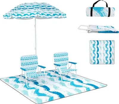 Produktbild von KOMFOTTEU Set mit 4 Strandmöbeln, 2 Fausten, 1 Teppich, 1 Sonnenschirm mit 175 cm, Klappstuhl, Belastung 150 kg, neigbarer Sonnenschirm, 30° verstellbar, mit Aufbewahrungstasche, Strandmatte (blau)