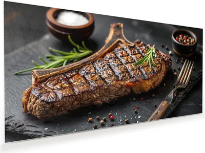 Produktbild von Glasbild 100x50cm in XXL für Wohnzimmer, Schlafzimmer Motiv Gegrilltes Steak