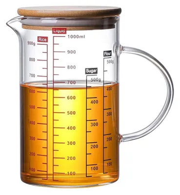 Image de Verre doseur multifonctionnel en verre, 1000 ml, avec anse et couvercle en bambou, bec verseur et résistant à la chaleur