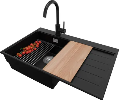 Produktbild von PRIMAGRAN Granitspüle Schwarz 78x50cm, Spülbecken 1 Becken + Küchenarmatur 32x20cm + Ablauf-Set + Küchenzubehörset, Küchenspüle ab 50er Unterschrank - Sydney