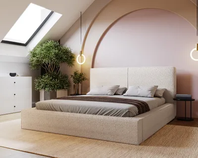 Obrázek produktu pro Čalouněná postel 180x200 cm Morin – manželská postel s tlustou pěnovou matrací – rošt, úložný prostor v ceně – bouclé krémová