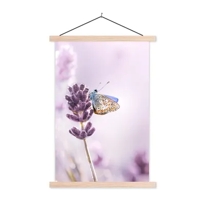 Produktbild von MuchoWow® Textilposter Lavendel - Schmetterling - Nahaufnahme - Lila 40x60 cm mit holzfarbenen Rahmen - Poster