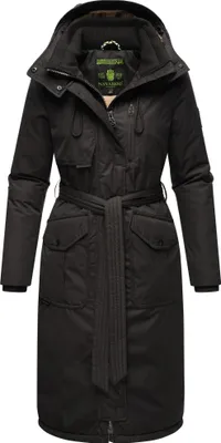 Produktbild von Navahoo Damen Wintermantel lang Parka warm Jacke mit Bindegürtel, Kapuze & Kragen Hokulanii Schwarz Gr. 44 - XXL