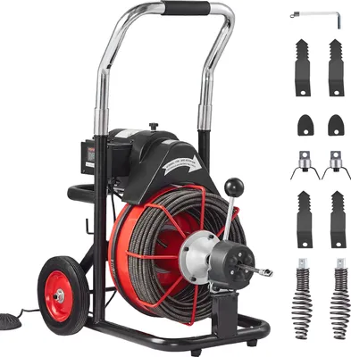 Zdjęcie produktu dla Maszyna do czyszczenia rur VEVOR 100 stóp x 3/8 cala, automatyczna spirala do czyszczenia rur na kółkach, przenośna maszyna do czyszczenia rur o mocy 370 W z 8 obcinakami i aktywowanym powietrzem przełącznikiem nożnym do rur o średnicy od 2 do 4 cali