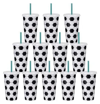 Image de Lot de 12 gobelets de football de 710 ml avec couvercle et paille, réutilisables, de couleur blanche