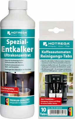 Produktbild von HOTREGA Kaffeemaschinen Reiniger & Entkalker, 10 Tabs + Entkalker Konzentrat 500ml, für Kaffeevollautomaten, Espressomaschinen, Padmaschinen