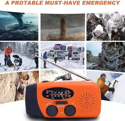 Obrázek produktu pro Solární nouzové rádio s AM/FM, ruční klikou, akumulátorem 2000 mAh, USB nabíječkou pro mobilní telefony a funkcí SOS alarmu