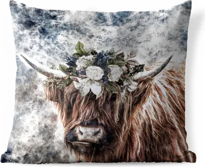 Produktbild von MuchoWow® Outdoor Kissen - Schottisches Hochlandrind - Tiere - Blumen - 50x50 cm - Wetterfest - Lounge Kissen - Komfortabel - Kissen mit Bild