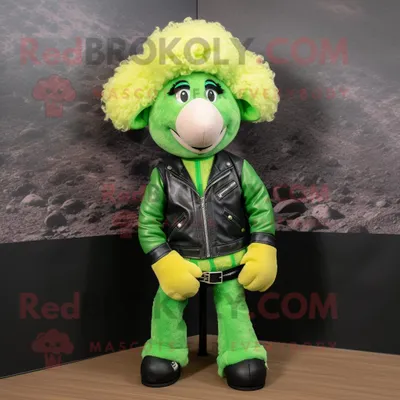 Produktbild von Limettengrüner REDBROKOLY Schaf Maskottchen Kostüm charakter bekleidet mit einer Lederjacke und Krawatten