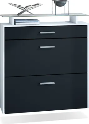 Produktbild von Vladon Schuhschrank Malea, hängender Schuhkipper für 16 Paar Schuhe mit 2 Klappen und 1 Schublade und Glasablage, Weiß matt/Schwarz matt (89 x 96 x 23 cm)