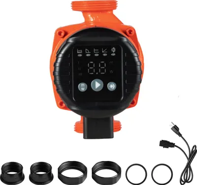 A product shot of a circulation pump with accessories and a power cord.