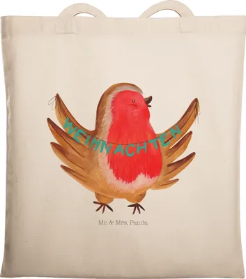 Produktbild von Mr. & Mrs. Panda Jutebeutel Rotkehlchen Weihnachten - Transparent - Geschenk, Frohe, Shopping Tasche, Weihnachtsgruß, Winter, Tote Bag, Vogel, Heiligabend, Uni