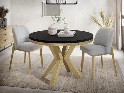 Produktbild von Runder Ausziehbarer Esstisch im Loft-Stil - Industrieller Tisch in Schwarzer Marmoroptik mit Goldenen Metallbeinen - Platzsparender Tisch für Wohnzimmer - Marmor Schwarz - 120 bis 200 cm