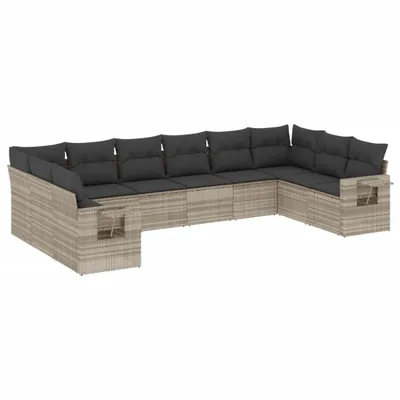 Produktbild von vidaXL 10-tlg. Garten-Sofagarnitur mit Kissen Hellgrau Poly Rattan