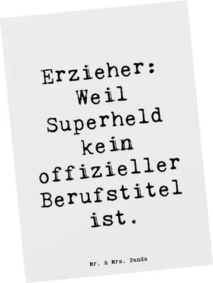 Produktbild von Mr. & Mrs. Panda Postkarte Spruch Erzieher Superheld - Weiß - Geschenk, Geschenke mit Herz, Kindergarten, Held des Alltags, Ansichtskarten, Beruf, Grußkarte, Postkarten