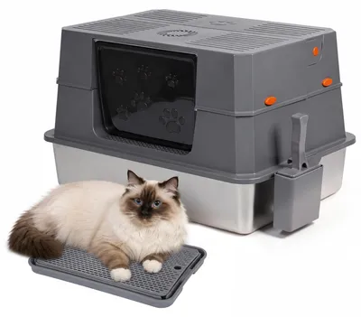 Image de Litière pour chat Peviasot, en acier inoxydable, dimensions 71 x 51 x 43 cm, litière semi-fermée avec couvercle rabattable à 90°, capacité 20 litres, filtre à charbon actif, couleur gris/noir