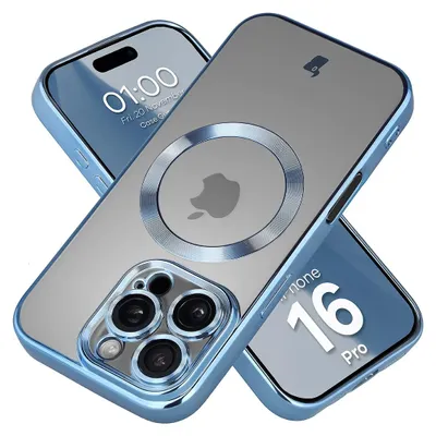 Produktbild von Handyhülle mit Kameraschutz und Magnetring für iPhone 16 Pro, Bizon Case GuardO, Transparent-Blau