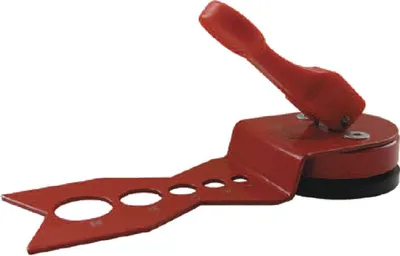 A red tool with a black suction cup base and a red handle, set against a white background.
