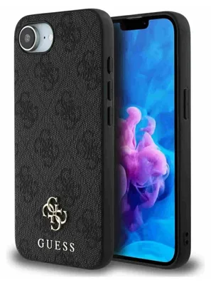 A black Guess phone case with a repeating '4G' logo pattern is shown next to a smartphone displaying a colorful abstract image.