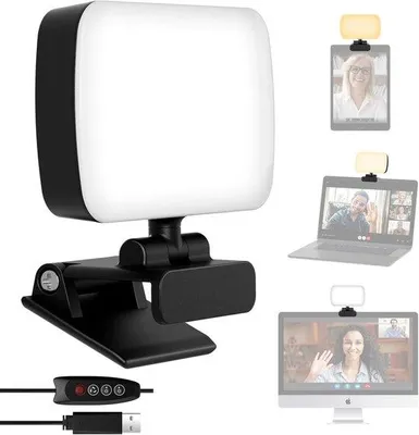 Produktbild von 360-Gradige Videoconferenzlampe mit 120 LED-Lampen, 3 Lichtfarben, 10 Helligkeitsstufen, USB-Kabel und Clip