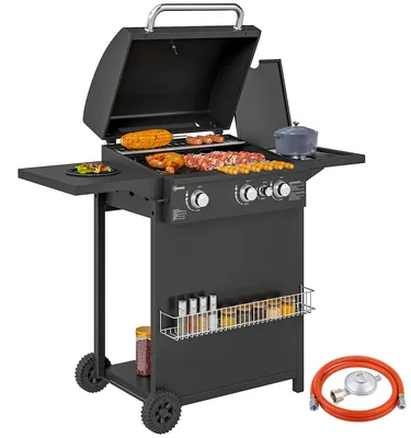 Produktbild von Gasgrill mit 3-Brenner & Seitenbrenner | 11,2kW Edelstahl Outdoor-Grillwagen mit Deckelthermometer & Warmhalterost | Pulverbeschichteter Stahl Grill Schwarz für Garten