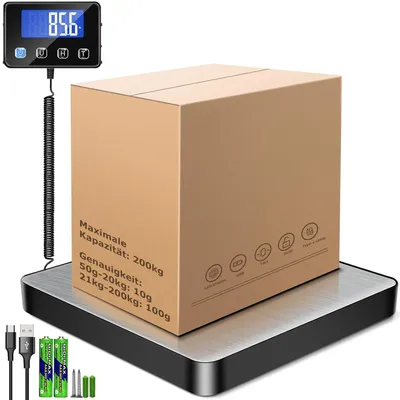 Produktbild von Paketwaage, Plattformwaage, Bodenwaage, Industriewaage, Präzisionswaage, Digitalwaage, 200kg/10g, Edelstahl, mit LCD/Hold/Tara Funktion