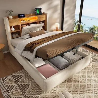 Productafbeelding van Gestoffeerd bed 90x200 cm met LED-verlichting en USB/Type-C oplaadfunctie, eenpersoonsbed met hydraulische opbergruimte en open opbergvakken, gestoffeerd hoofdeinde, beige (zonder matras)