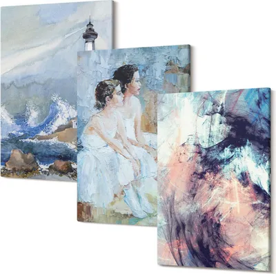 Produktbild von Leinwandbilder – Wandbilder – Leinwandbild – Canvas Bild – Polycanvas – Kunstdruck –  – Modern – Aufhängefertig – Mehrteilig – 3-Teilig – 40x60 Cm Pro Bild - Gemalte abstrakte Leuchtturm und Tänzer