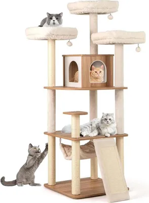 Image de Arbre à chat - Arbre à grimper 168 cm - 5 niveaux - Grotte, échelle, hamac, balles, tapis - Bois - Blanc