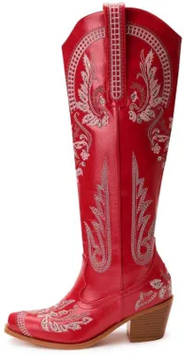 Zdjęcie produktu dla Solidchoice - Damskie buty do połowy łydki w stylu kowbojskim, zdobione haftem i zapinane na zamek
