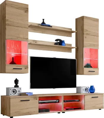 Obrázek produktu pro Komodee | Obývací stěna Obývací pokoj RTV Varallo, korpus Wotan matný Barva čela Wotan matný, LED RGB
